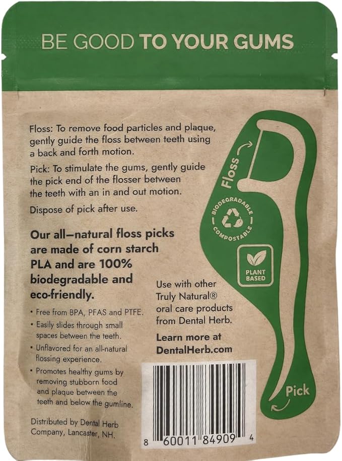 Dental Herb Company Biodegradable Dental Floss Picks, 200 Count (4×50) - Unflavoured, Plant-Based, Plastic-Free & BPA-Free Tooth Flossers, Vegan & Eco-Friendly Oral Care