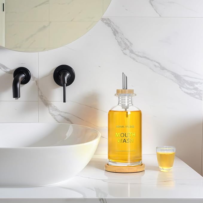 Mouthwash Dispenser for Bathroom 11.8oz – Clear Glass Mouthwash Bottle with Bamboo Tray, Silicone Base, Gold Hot-Stamped Lettering, Refillable Mouthwash Container for Bathroom (Clear)