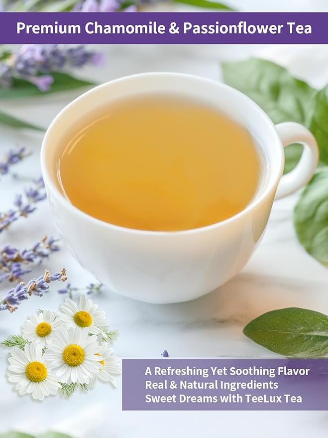 TeeLux Chamomile Passionflower Tea, Caffeine Free Tea with Lemon Balm, Spearmint, Valerian Root, Lavender, Soothing & Smooth Taste, 100 Count