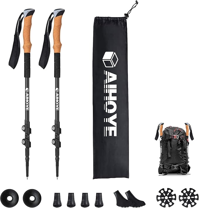Aihoye Trekking Hiking Poles - 2 Pack Adjustable Walking Sticks, Collapsible Lightweight Aluminum 7075, Hiking Sticks with Quick Flip-Lock and Comfortable Cork Grips-StrideForce Fitness