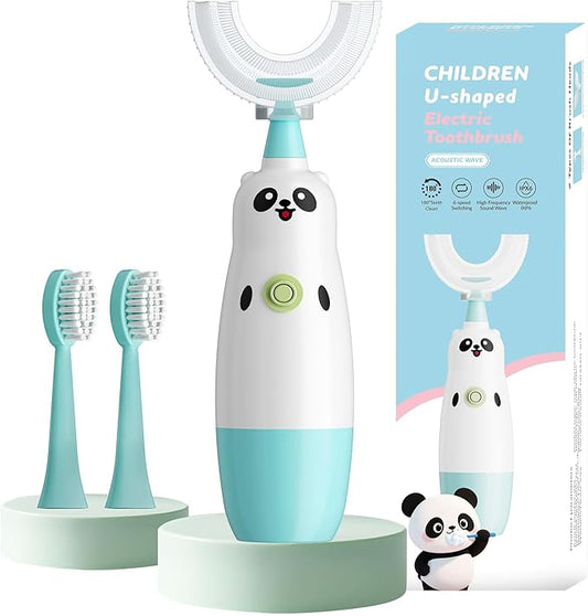 Kids U-Shaped Electric Toothbrush with 2 Brush Heads, Toddlers Sonic with 360 Degree Cleaning, Soft Bristles, Battery Included, IPX7 Waterproof, Cute cartoon for Girls and Boys, Ages 2-7 (Blue)
