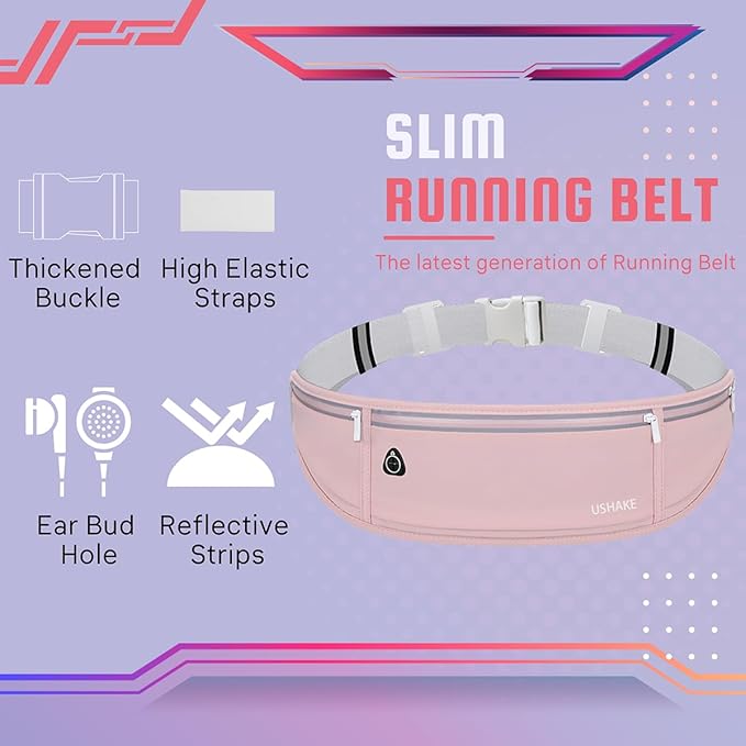 USHAKE Slim Running Belt, Workout Fanny Pack for Men Women,Exercise Waist Pack for Apple iPhone Holder, Runner Belt for Running Walking Cycling Camping Gym Light Pink-StrideForce Fitness