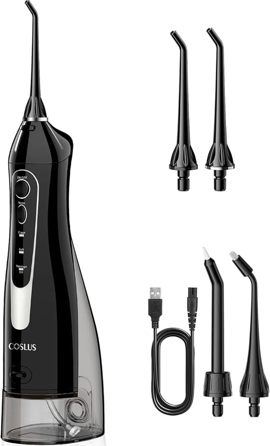COSLUS Water Flosser Dental Pick: 300ML Oral Irrigator for Teeth Cleaning, Orthodontic, Braces & Sensitive Gums, Cordless Portable for Travel, IPX7 Waterproof, for Adults Teens Family Use, with 4 Tips