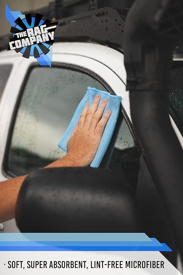 The Rag Company - Standard Waffle Weave Towels, Microfiber Detailing, Window/Glass and Drying, Wax & Polish, Lint-Free, Streak-Free, 370gsm, 16in x 16in, Light Blue (3-Pack)-StrideForce Fitness