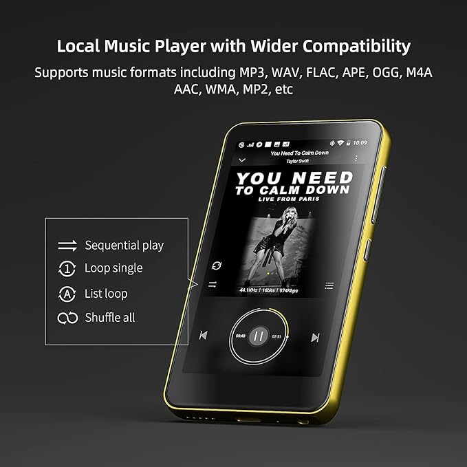 80GB MP3 Player with Bluetooth and WiFi, MP4 MP3 Player with Spotify,Spotify Kids，4" Full Touch Screen with Pandora, Music Player with Audible，Android MP3 with Speaker (Gold_Black)-StrideForce Fitness