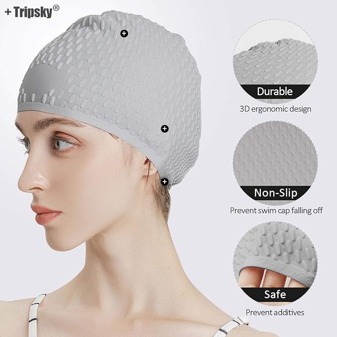 Tripsky Silicone Swim Cap,Comfortable Bathing Cap Ideal for Curly Short Medium Long Hair, Swimming Cap for Women and Men, Shower Caps Keep Hairstyle Unchanged…-StrideForce Fitness