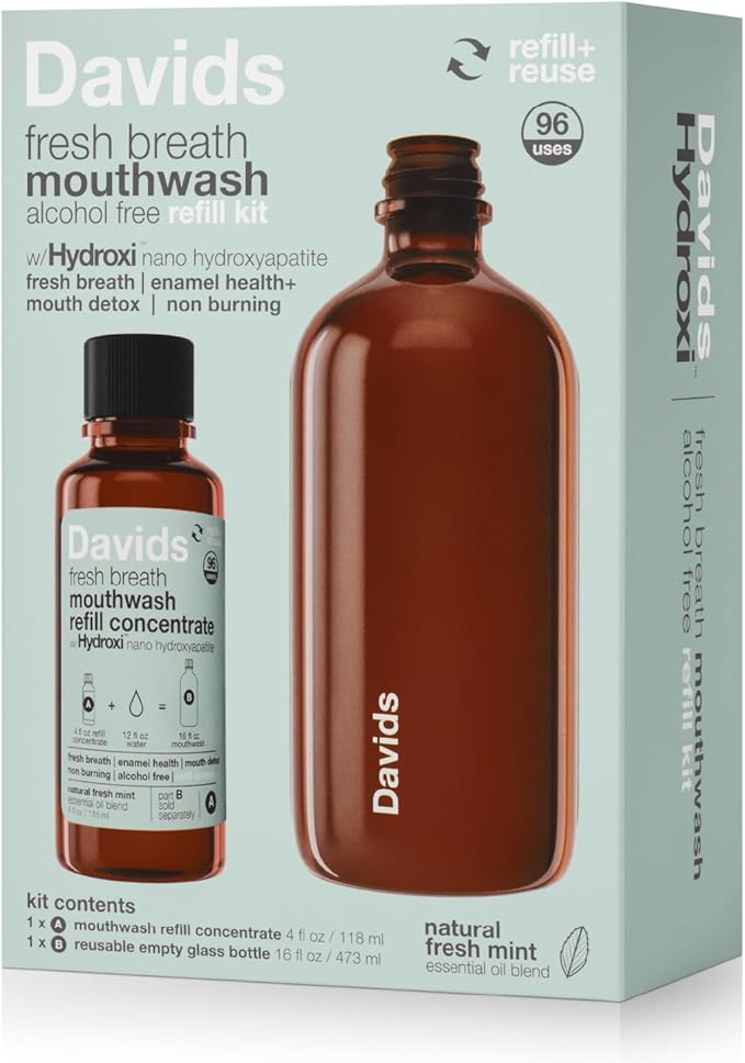Davids Hydroxi Fresh Breath Mouthwash Starter Kit, Alcohol-Free, Fluoride-Free, Nano-Hydroxyapatite for Remineralizing & Enamel Health, Relieves Dry Mouth, Fresh Mint, 16 fl oz