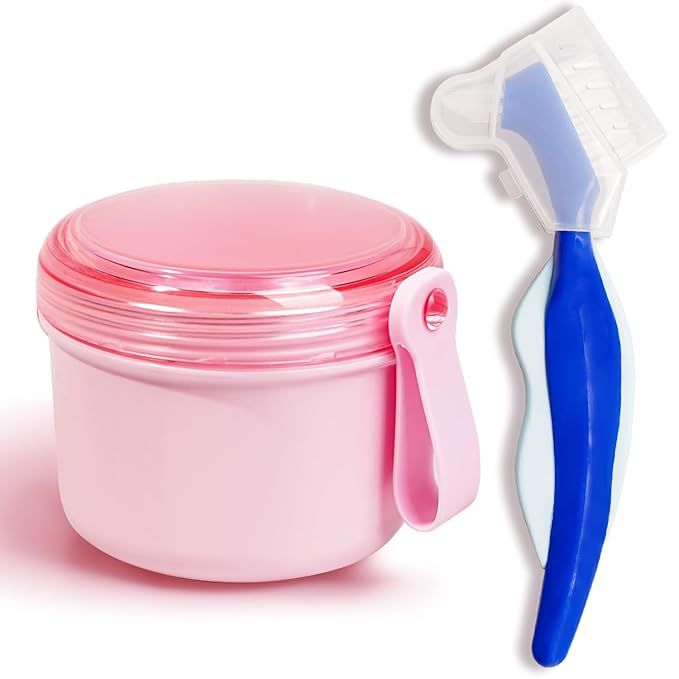 Denture Case with Denture Brush, Waterproof Denture Bath with Portable Denture Brush Holder,Partial Denture Case with Basket denture cups for soaking dentures (pink)