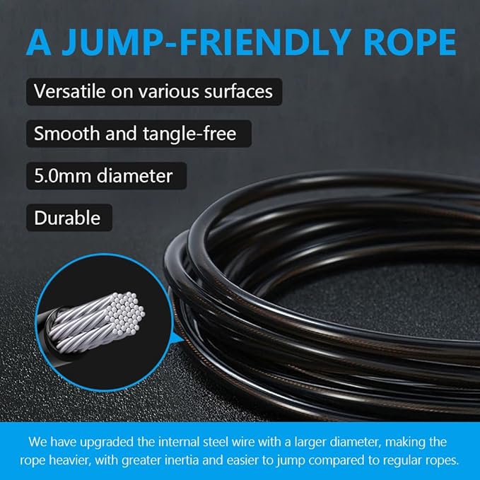 Jump Rope, HANDIO jump ropes 1/2 lb Weighted Jump Rope for Boxing, Cardio, Crossfit Workout, 8~10ft Range Adjustable Length Steel Ropes with Ball Bearings and Metal Handles, Jumpropes Suitable for Men-StrideForce Fitness
