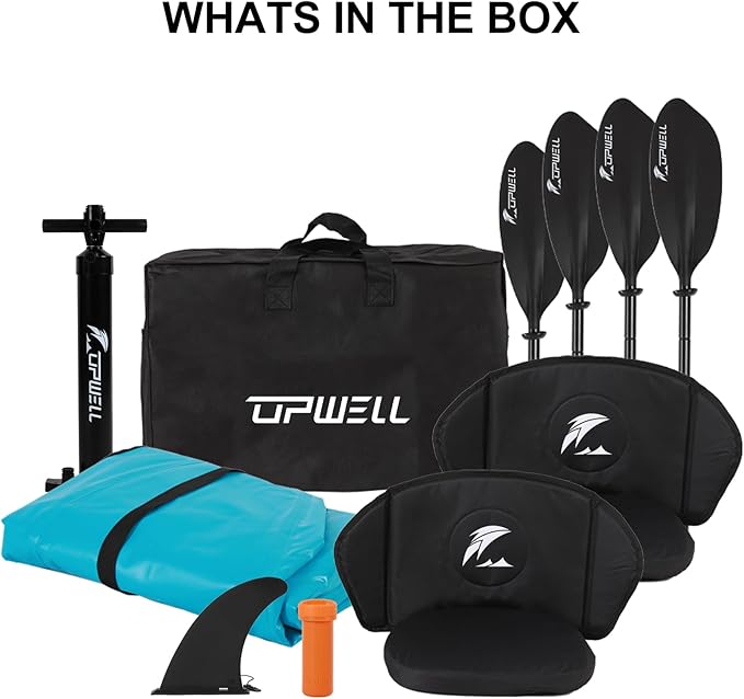 UPWELL 13'6”/11' Inflatable Recreational Kayak - 2 Person with Drop Stitch Floor and Accessories Including Kayak Seats with High Back Support, Paddle, Fin, Repair Kits, Carry Bag and Hand Pump-StrideForce Fitness