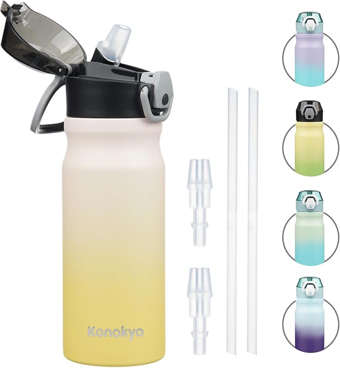 Insulated Water Bottle with Straw and Carry Loop,18 oz Stainless Steel Double Wall Vaccum Metal Water Flask with Leak-proof Lid,Lemon-StrideForce Fitness