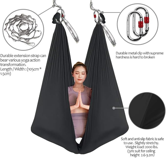 Aerial Yoga Hammock L:5M W:2.8M 5.5 Yards Aerial Pilates Silk Yoga Swing Set with 2000 Ibs Load Include Daisy Chain, Pose Guide-StrideForce Fitness