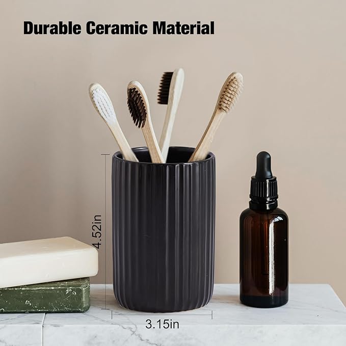 Black Toothbrush Holder, Ceramic Tooth Brush Holder Set, Ribbed Bathroom Cups Tumbler, Reusable Toothbrush Mouthwash Cup, Toothpaste Holder Toothbrush Organizer for Bathroom Counter