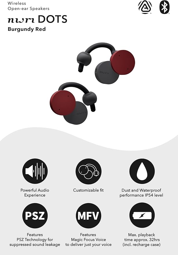 nwm DOTS Wireless On-Ear Speakers (Open Ear Earphones) Sound Leakage suppressed (PSZ Technology - Bone Conduction Alternative) with Optimal Microphone Function Designed in Japan | Burgundy Red-StrideForce Fitness
