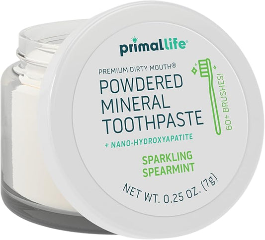 Primal Life Organics Dirty Mouth Toothpowder, Tooth Cleaning Powder, Flavored Essential Oils, Hydroxyapatite, Natural Kaolin, Bentonite Clay, USE: 60+ Brushings, Paleo, Organic, Vegan Spearmint 0.25oz