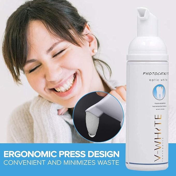 V-White Foam Teeth Whitening Toothpaste - Organic Toothpaste Fluoride Free, Alcohol Free, pH Balanced - Deep Cleansing, Stain Removal, Travel Friendly, for Kids & Adults (Large, Natural)