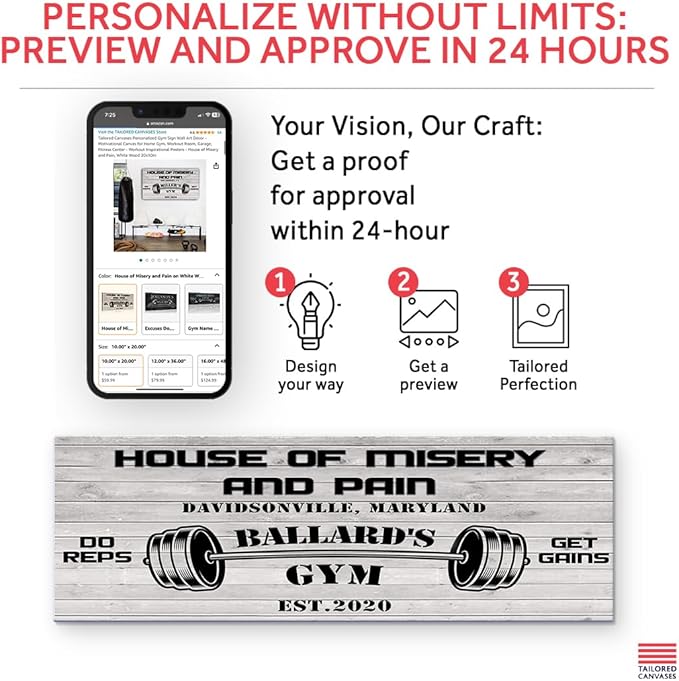 Tailored Canvases Personalized Gym Sign Wall Art Decor - Motivational Canvas for Home Gym, Workout Room, Garage, Fitness Center - Workout Inspirational Posters - House of Misery and Pain, White Wood 36x12in-StrideForce Fitness