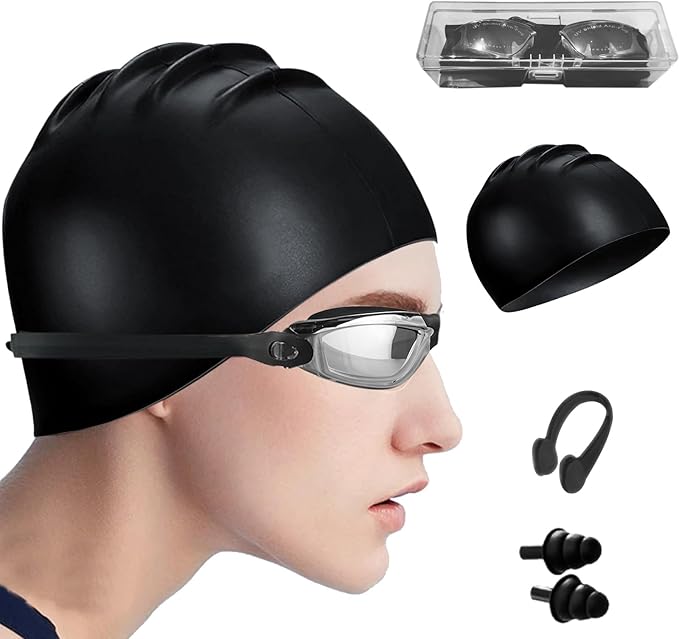 Swim Goggles Swimming Goggles No Leaking with Nose Clip, Earplugs, Swim Cap and Case for Men Women-StrideForce Fitness