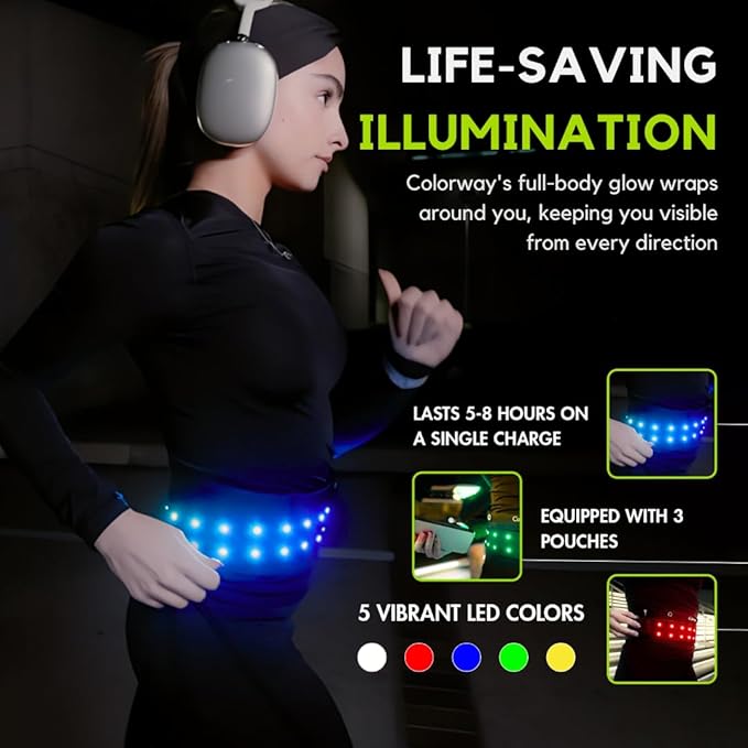 Colorway Led Running Belt – Day & Night Adjustable Waist Pack, Removable Light Strip, 3 Pouches for All Essentials, Reflective Running Gear for Men & Women (Rechargeable, Machine Washable)-StrideForce Fitness