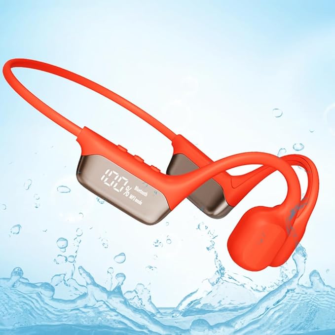 IHAO Swimming Headphones True Bone Conduction Open Ear Headset MP3 Player Built-in 32G Memory IP68 Underwater Waterproof Stereo Bluetooth Earphone for Driving Bicycling Running Skiing-Red-StrideForce Fitness