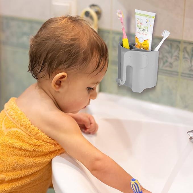 Kids Toothbrush Holder, Cute Elephant Toothbrush Holders for Toddler, Toothbrush Toothpaste Holder for Bathroom, Toothbrush Organizer with 3 Slots and a Hook, Grey