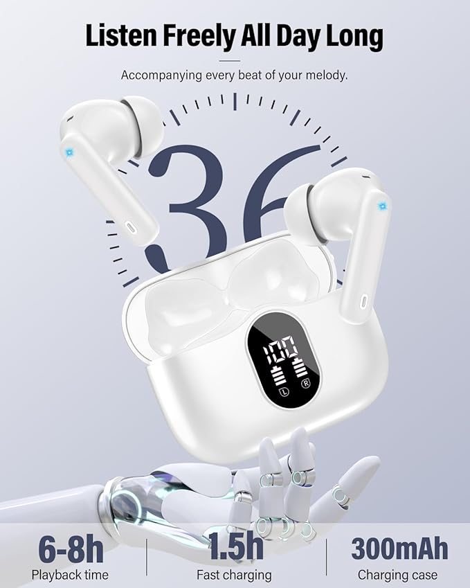Wireless Earbuds, Bluetooth 5.4 Headphones Bass Stereo, Ear Buds with Noise Cancelling Mic, IP7 Waterproof in Ear Earphones, 36H LED Display Bluetooth Earbuds for Laptop Pad Phones Sports, White-StrideForce Fitness