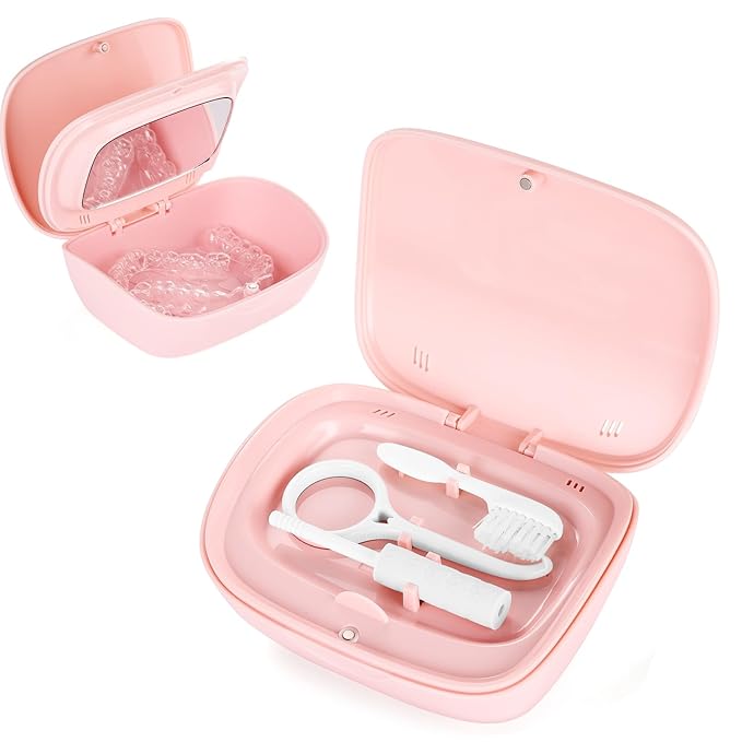 Retainer Case With Mirror,Compatible with Invisalign,Vent Holes,Contain Remover Tool,Cleaning Brush,Chewies for Invisalign