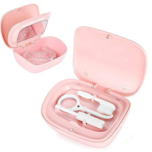 Retainer Case With Mirror,Compatible with Invisalign,Vent Holes,Contain Remover Tool,Cleaning Brush,Chewies for Invisalign