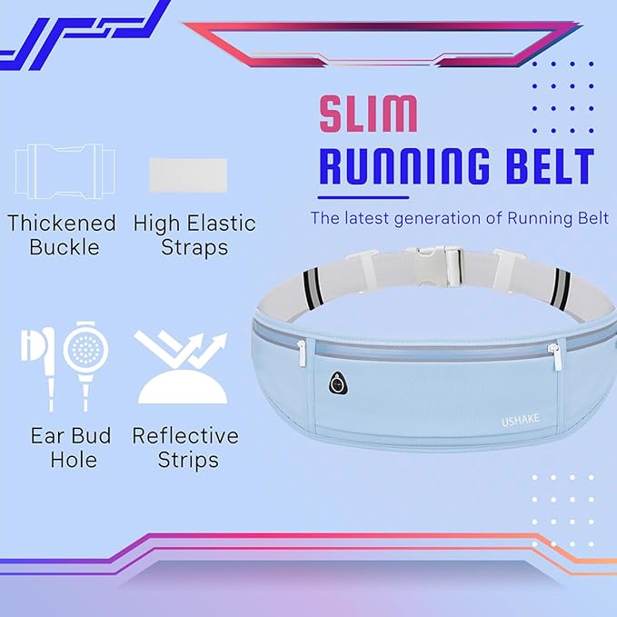 USHAKE Slim Running Belt, Workout Fanny Pack for Men Women,Exercise Waist Pack for Apple iPhone Holder, Runner Belt for Running Walking Cycling Camping Gym Light Blue-StrideForce Fitness