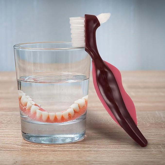 OUNONA Dual Head Denture Toothbrush for False Teeth Hard Bristle Oral Appliance Cleaner with Non-Slip Comfortable Grip 2-Pack Travel-Friendly Dentures Cleaning Brush for Seniors