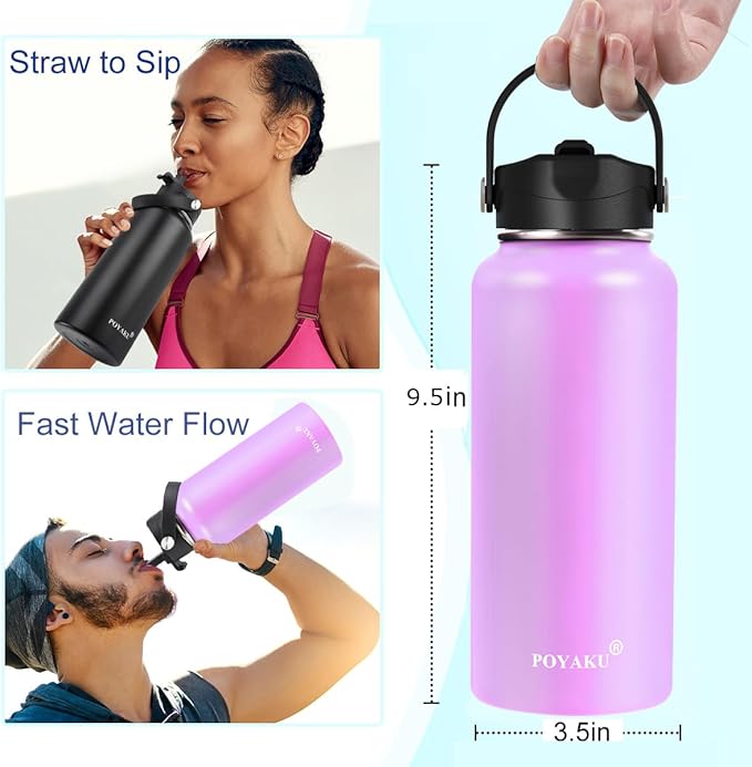 Water Bottle Insulated 32oz 40oz 64oz 128oz Straw Lid Spout Lid & 3 Lids, Leak Proof, Vacuum Insulated,Stainless Steel Water Bottle Wide Mouth for Sports, Gym or Office-StrideForce Fitness