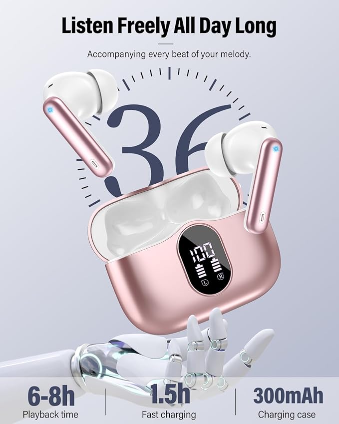 Wireless Earbuds, Bluetooth 5.4 Headphones Bass Stereo, Ear Buds with Noise Cancelling Mic, IP7 Waterproof in Ear Earphones, 36H LED Display Bluetooth Earbuds for Laptop Pad Phones Sports, Rose Gold-StrideForce Fitness