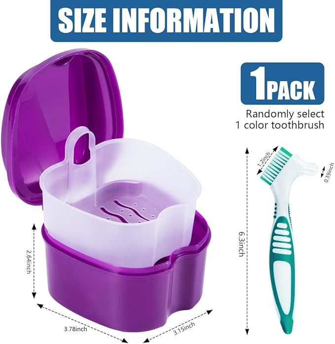 Purple Denture Bath Case Cup Box Holder Storage Container with Denture Cleaner Brush Strainer Basket for Travel Cleaning