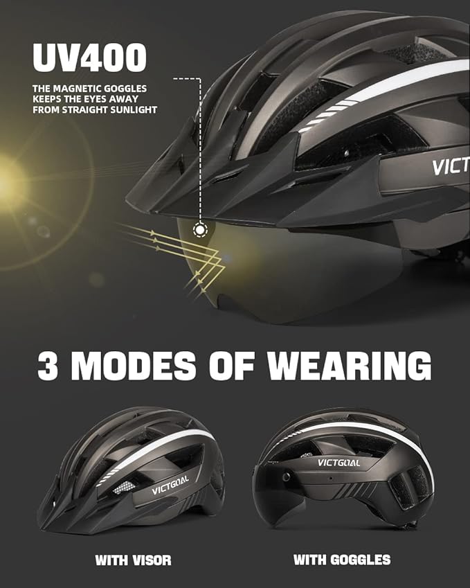 VICTGOAL Bike Helmet for Men Women with Led Light Detachable Magnetic Goggles Removable Sun Visor Mountain & Road Bicycle Helmets Adjustable Size Adult Cycling Helmets-StrideForce Fitness