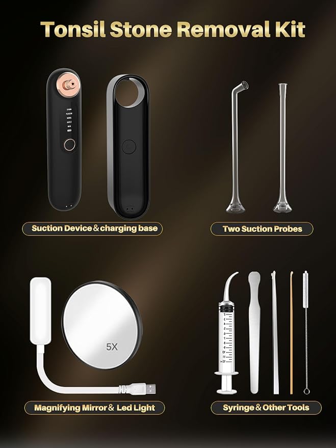 Voraiya Tonsil Stone Removal Vacuum Kit with 5 Mode Suction, 10 in 1 Electronic, Oral Irrigator, Tongue Scraper, Oral lamp & 5X Magnifying Mirror Included for Fresh Breath