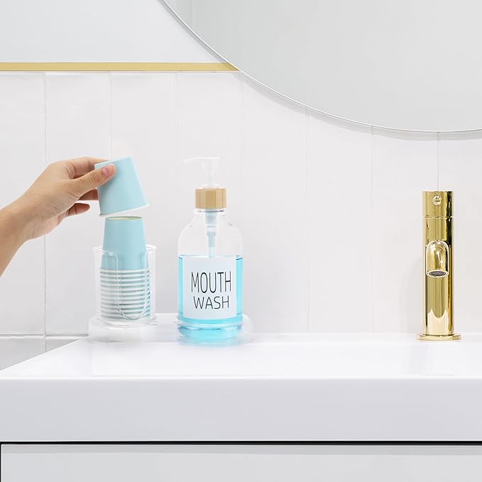 Mouthwash Dispenser for Bathroom, 16oz Plastic Mouthwash Dispenser with Cup Holder and Tray Mouth Wash Bottle Container - Clear
