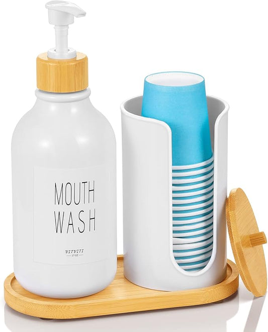 VITVITI Mouthwash Dispenser for Bathroom, Mouth Wash Pump Bottle with Paper Cup Holder, 17Oz Refillable White Mouthwash Container with Bamboo Lid/Tray/Label
