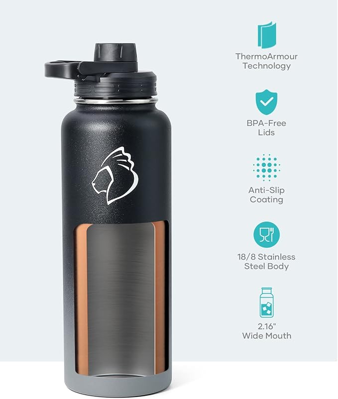 BUZIO 40 oz Water Bottle Insulated with Straw & 3 lid and Carrying Pouch, Leak Proof Anti-Slip Stainless Steel Water Flask Jug, Cold for 48 Hrs Double Vacuum Thermo Canteen, BPA-Free, Shadow-StrideForce Fitness