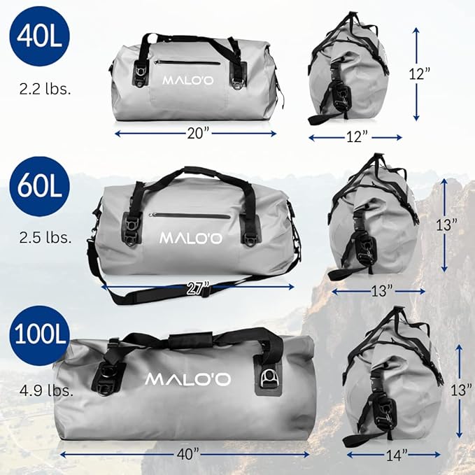 Malo'o Waterproof Dry Bag Duffel 40L/60L/100L, Roll Top Duffel Keeps Gear Dry for Kayaking, Rafting, Boating, Swimming, Camping, Hiking, Beach, Fishing - Internal & External Pockets and Molle Loops-StrideForce Fitness