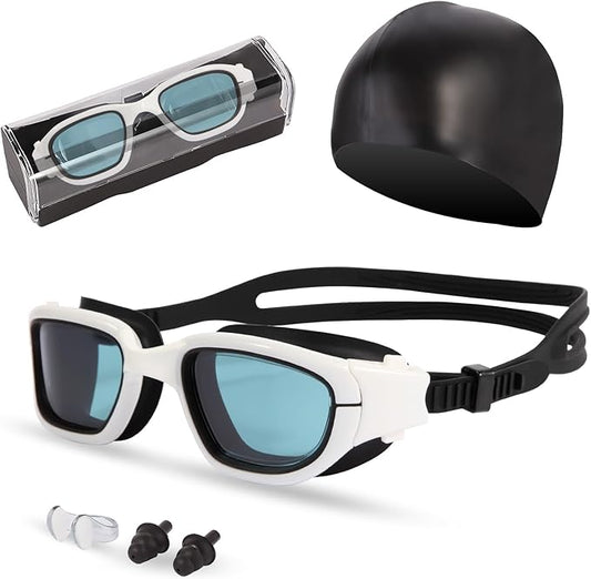 Swim Goggles, Goggles Adult with Swimming Cap, Nose Clip & Ear Plugs, UV Protection Anti-Fog Lens and Case for Adult-StrideForce Fitness