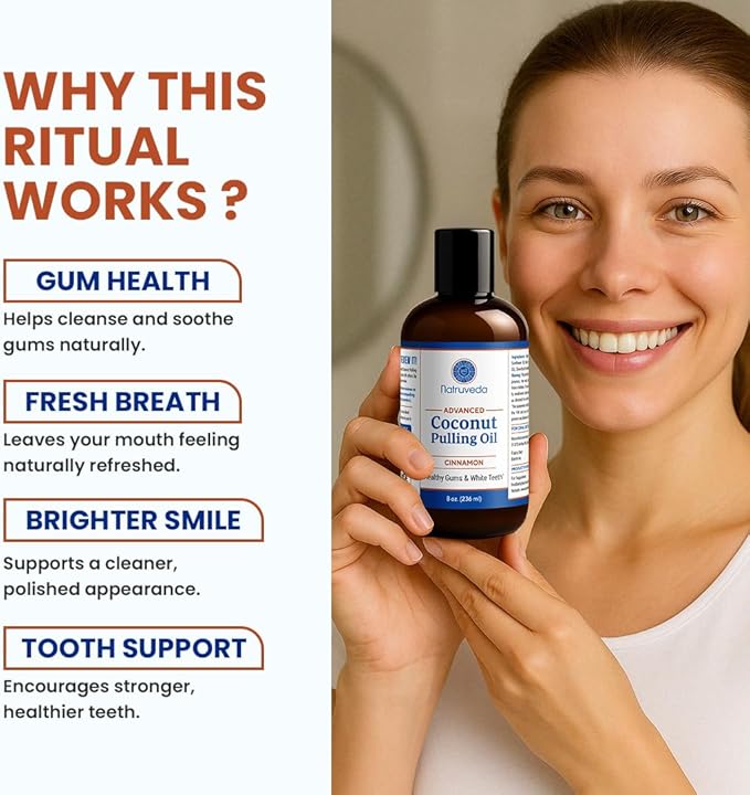 Cinnamon Coconut Pulling Oil, 8 oz | Advanced Ayurvedic Oil Pulling Mouthwash with Virgin Coconut Oil, Clove & Sesame | Alcohol-Free Oral Care | with 20g Herbal Toothpaste