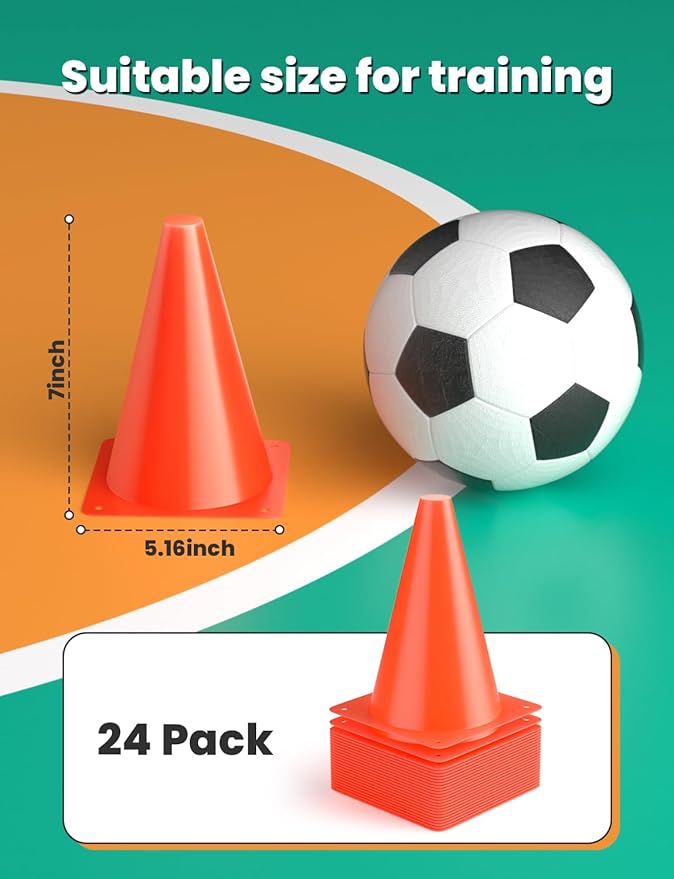 GHB Soccer Cones 7" 9" of 12 24 Pack Disc Soccer Sport Cones Training Field Marker Agility Cones for Basketball, Coaching, Practice Equipment Includes Drills Guide-StrideForce Fitness
