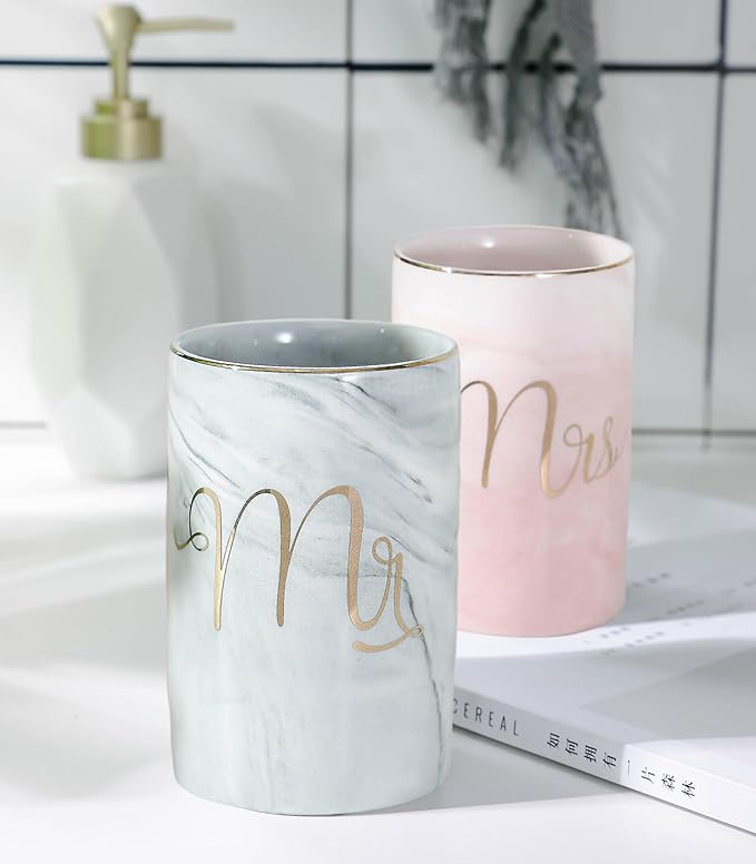 Kelake Ceramic Rustic Gray Marble Bathroom Tumbler Cup for Mouthwash Rinsing Toothbrush and Toothpaste Holder Letters Stand Cups 280 ml Porcelain Milk Drinking Cups for Christmas Birthday