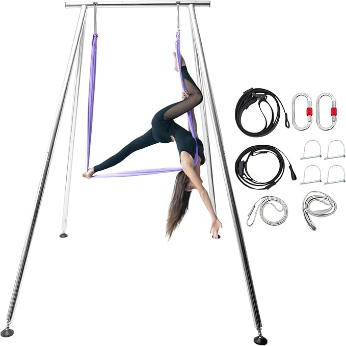 TECSPEC 9.6 FT/115.3 Inch Adjustable Height Aerial Yoga Frame & Hammock, Professional Swing Stand with 18 FT/33FT Aerial Silk, 550lbs Max Capacity-StrideForce Fitness