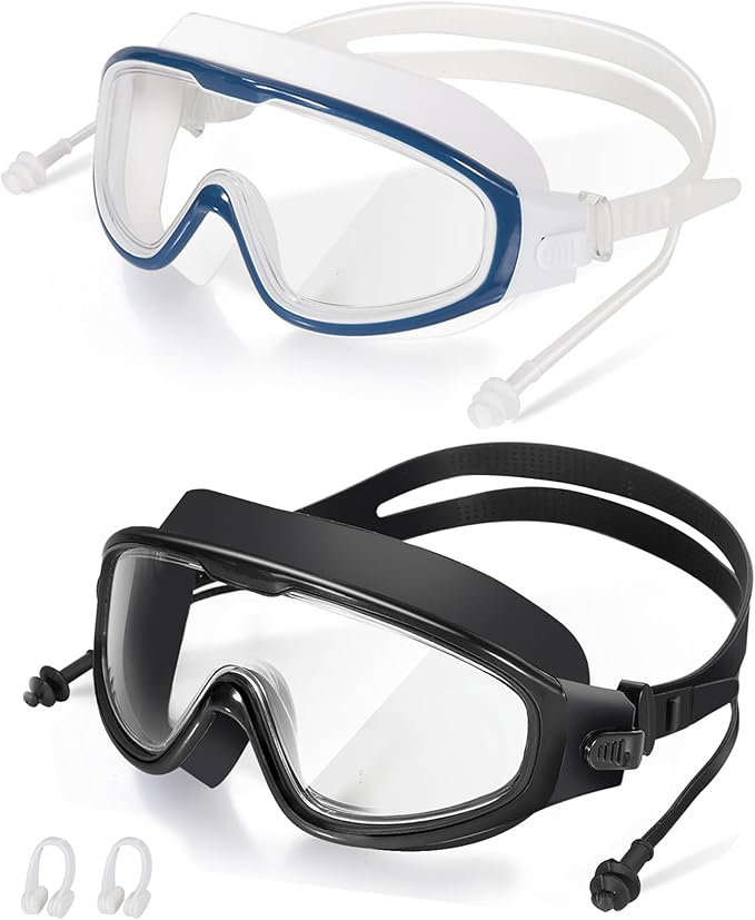 Adult Swimming Goggles,Leak-Proof,Anti-Fog Pool Glasses,Wide View Swim Goggles with Ear Plugs and Nose Clip-StrideForce Fitness
