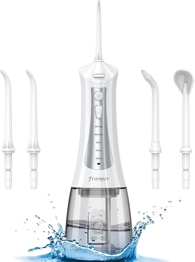 Froomer Cordless Water Flosser – Rechargeable Portable Electric Water Flosser for Teeth, Braces, 5 Modes, IPX7 Waterproof, Travel Friendly, 300ml, White