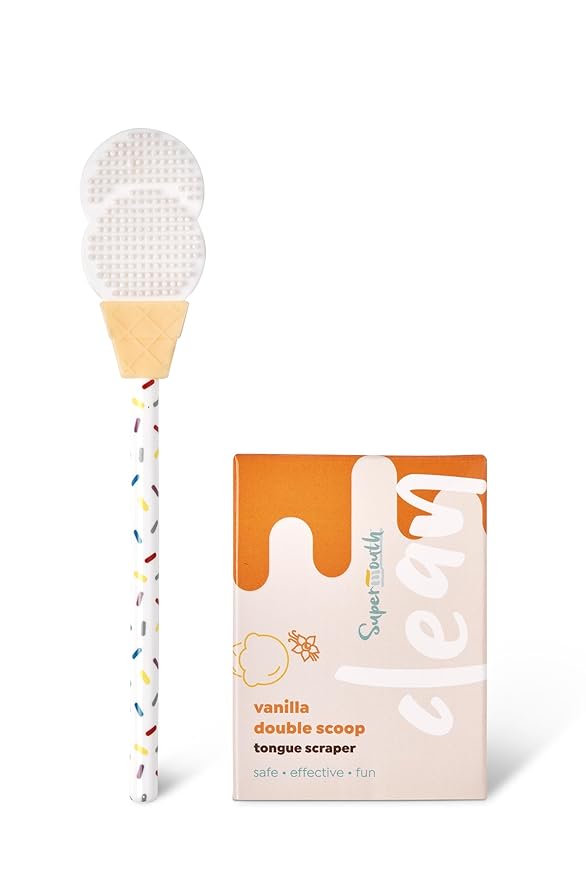 SuperMouth® Double Scoop Kids Tongue Scraper – Dual-Sided Brush & Scraper Removes Odor-Causing Buildup, Fights Bad Breath, Easy-Grip Ice Cream Design, 3 Yummy Scents, Ages 6-12, Essential Oral Care