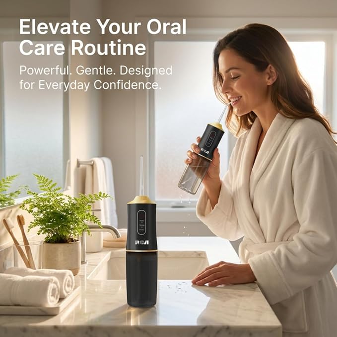 RCA Portable Water Flosser for Teeth & Gums – Cordless Rechargeable Oral Irrigator with 3 Pressure Levels, 4 Jet Tips & USB Tank – Travel Water Flosser for Teeth Cleaning (Black)