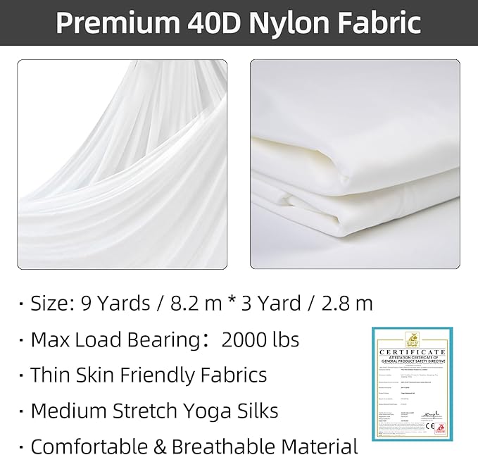 PRIOR FITNESS Aerial Silks Kit Colorful 9/15/20 Yards 40D Nylon Fabric Hammock Set With Hardware & Guide for All Levels Of Aerial Yoga Practice and Acrobatic Flying For Adults Aerial silk-StrideForce Fitness