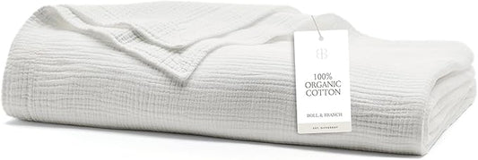 BOLL & BRANCH Dream Bed Blanket - King/Cal King, White - Luxury 100% Organic Cotton - Soft, Lightweight and Breathable - Cloud-Like Touch-StrideForce Fitness